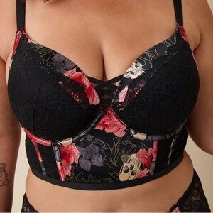 Torrid Skull & Rose XO Plunge Push-Up Bra Criss Cross Front Curvy Size 44-DDD
